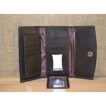 Portfel duży skórzany ciemno brązowy z kwiatowym kolorowym haftem .